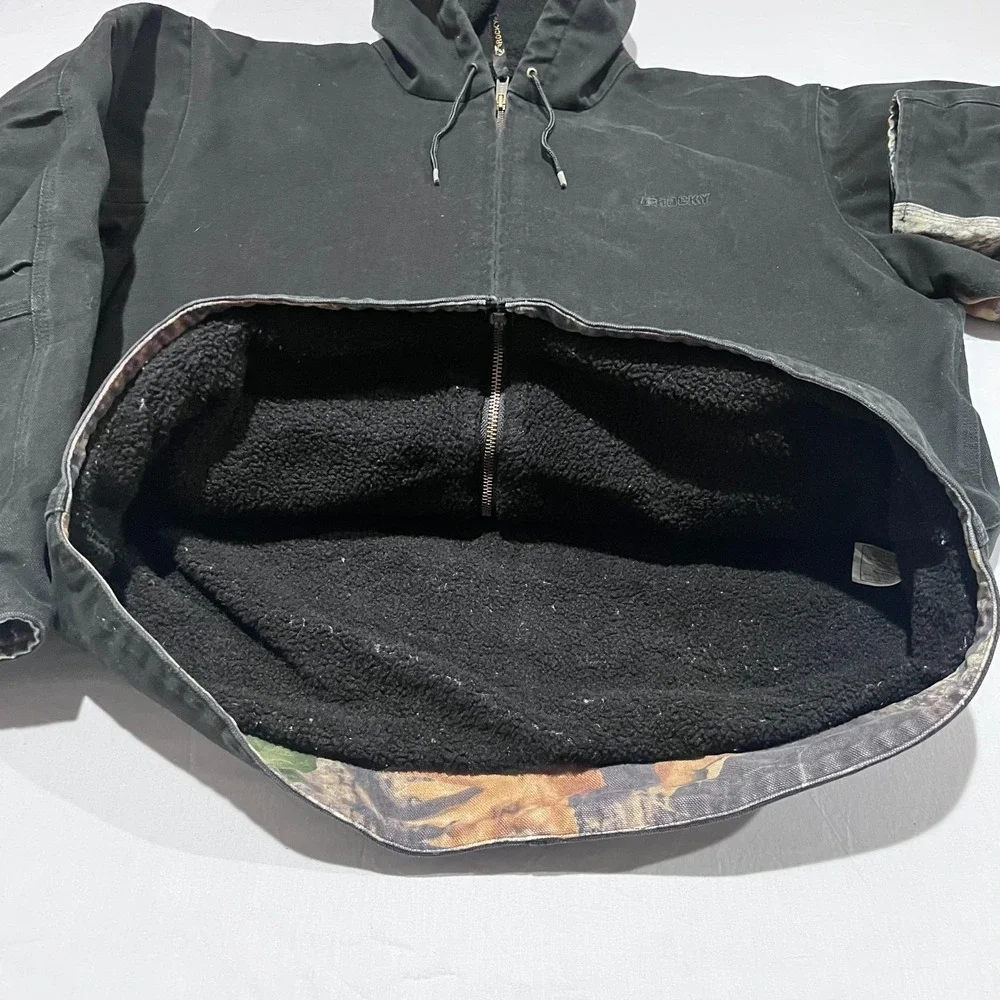 Rocky Mens Black Camo Canvas Sherpa Fleece Hunting Workwear Full Zip Jacket L